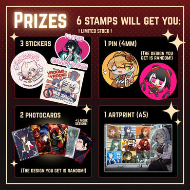 6 stamps rewards 3 stickers, 1 pin, 2 photocards and an artprint