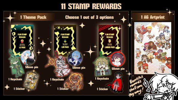 11 stamps rewards a selectable Theme pack which contains 1 Pin, 1 Keychain and 1 Sticker.