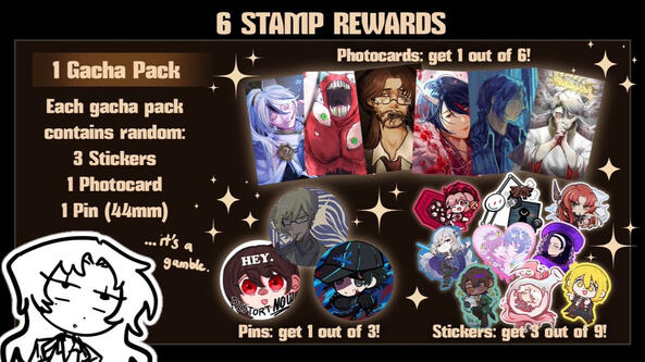 6 stamps rewards a Gacha pack which contains 3 Stickers, 1 Photocard and 1 Pin.